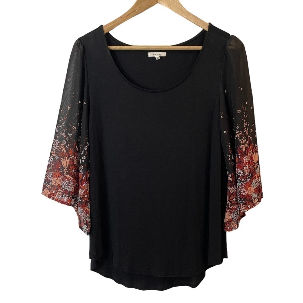 Maurices Sheer Floral Bell Sleeve Top Sz M Black Red Mixed Media Boho Shirt EUC